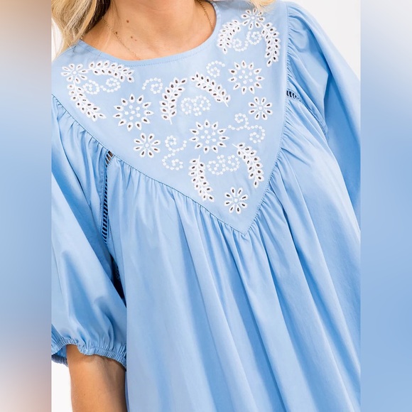 051 • Cornflower Blue Cotton Midi Dress | Boho Baby Doll Eyelet Wheat Embroidery - Picture 3 of 10